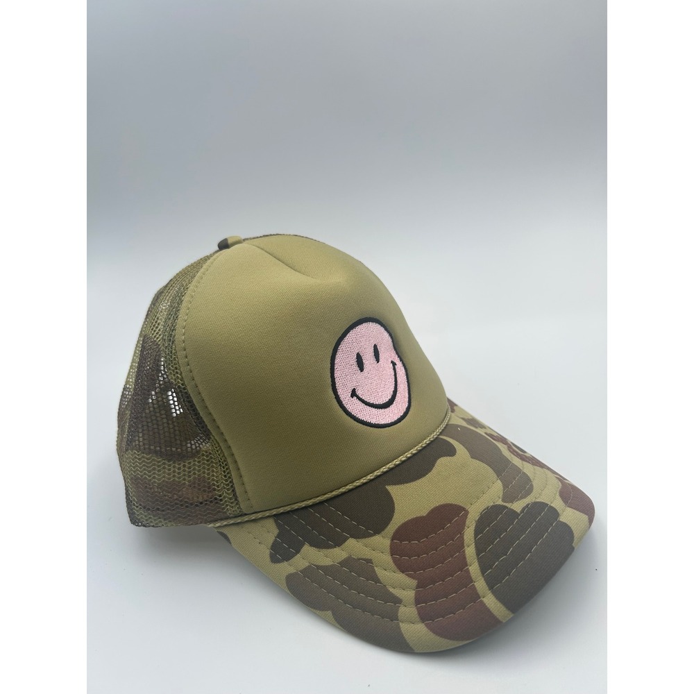 Otto Duck Camo Smiley Face Trucker Hat Pink Patch Mesh Snapback Cap‎ Olive Green